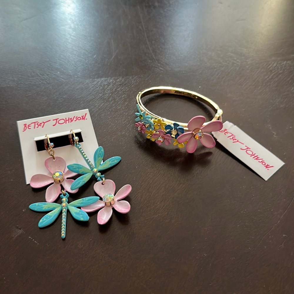 Betsey Johnson Pink and Teal Floral Dragonfly Bracelet and Earrings Set